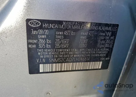 2020 Hyundai Santa Fe Se z USA, uszkodzony, nr VIN 5NMS2CAD7LH246814